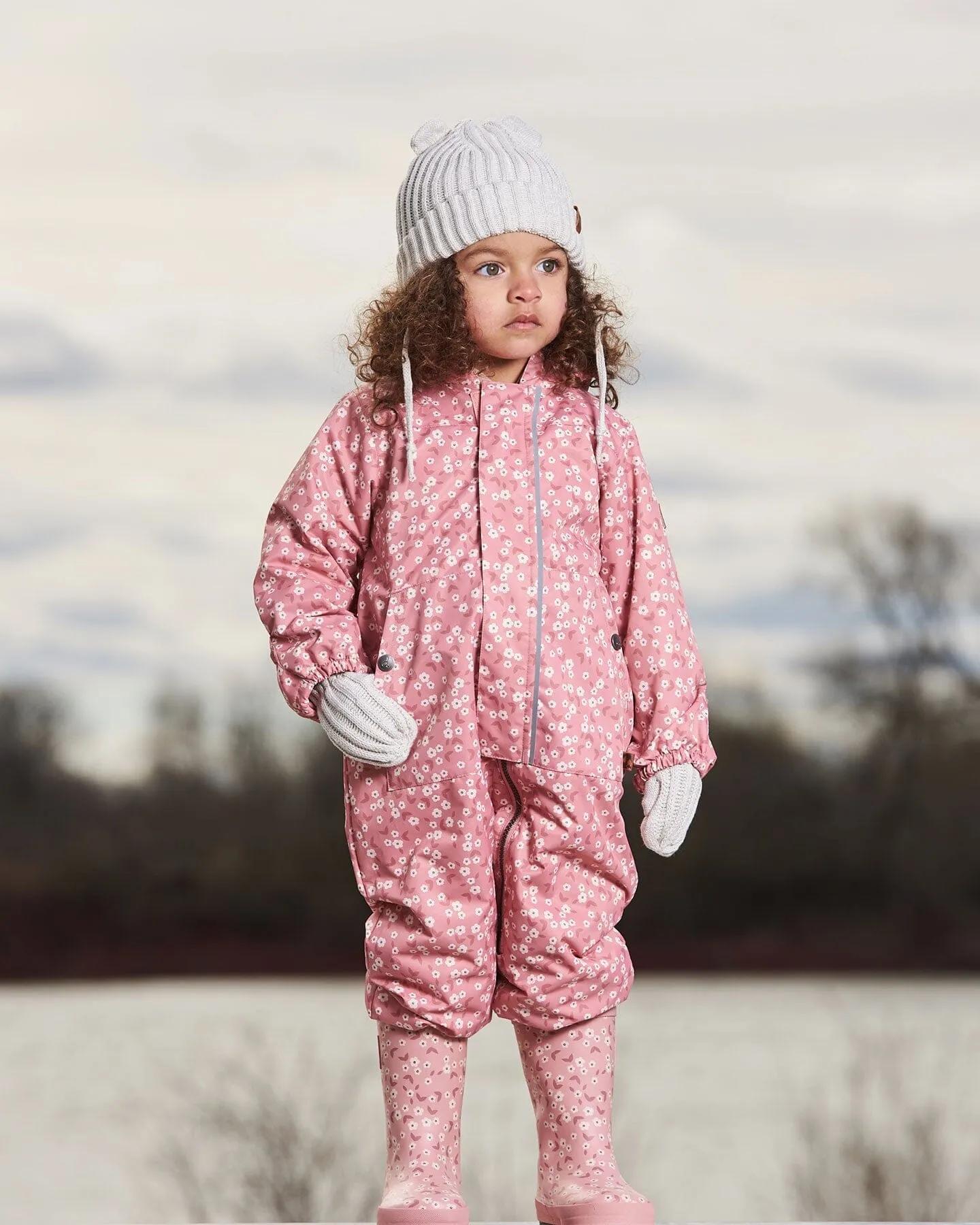 Baby Printed Mid-Season One-Piece Outerwear With Hat Small White Flowers On Pale Pink