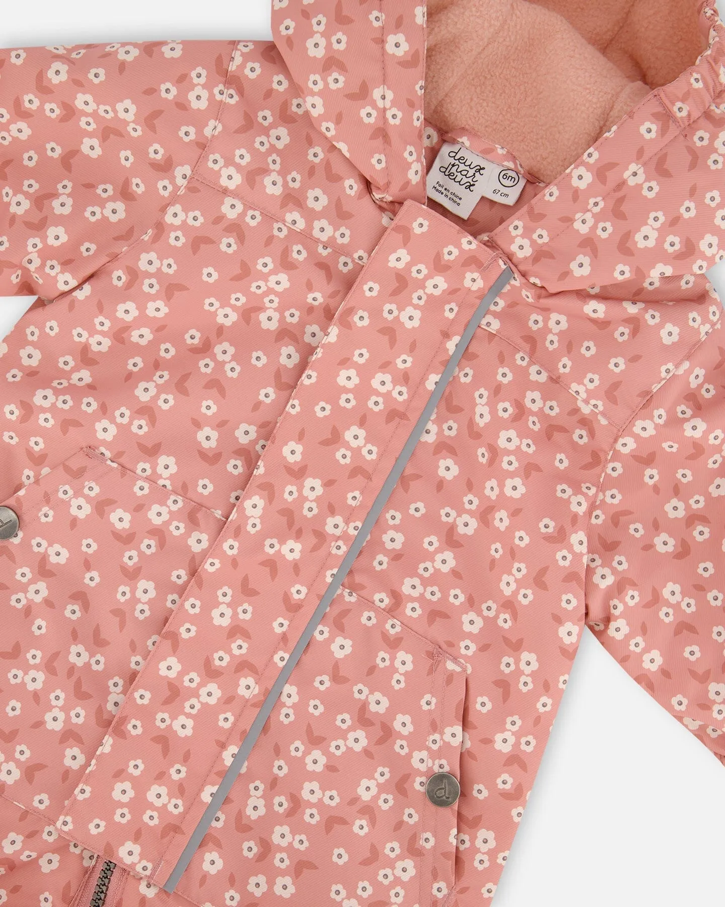 Baby Printed Mid-Season One-Piece Outerwear With Hat Small White Flowers On Pale Pink