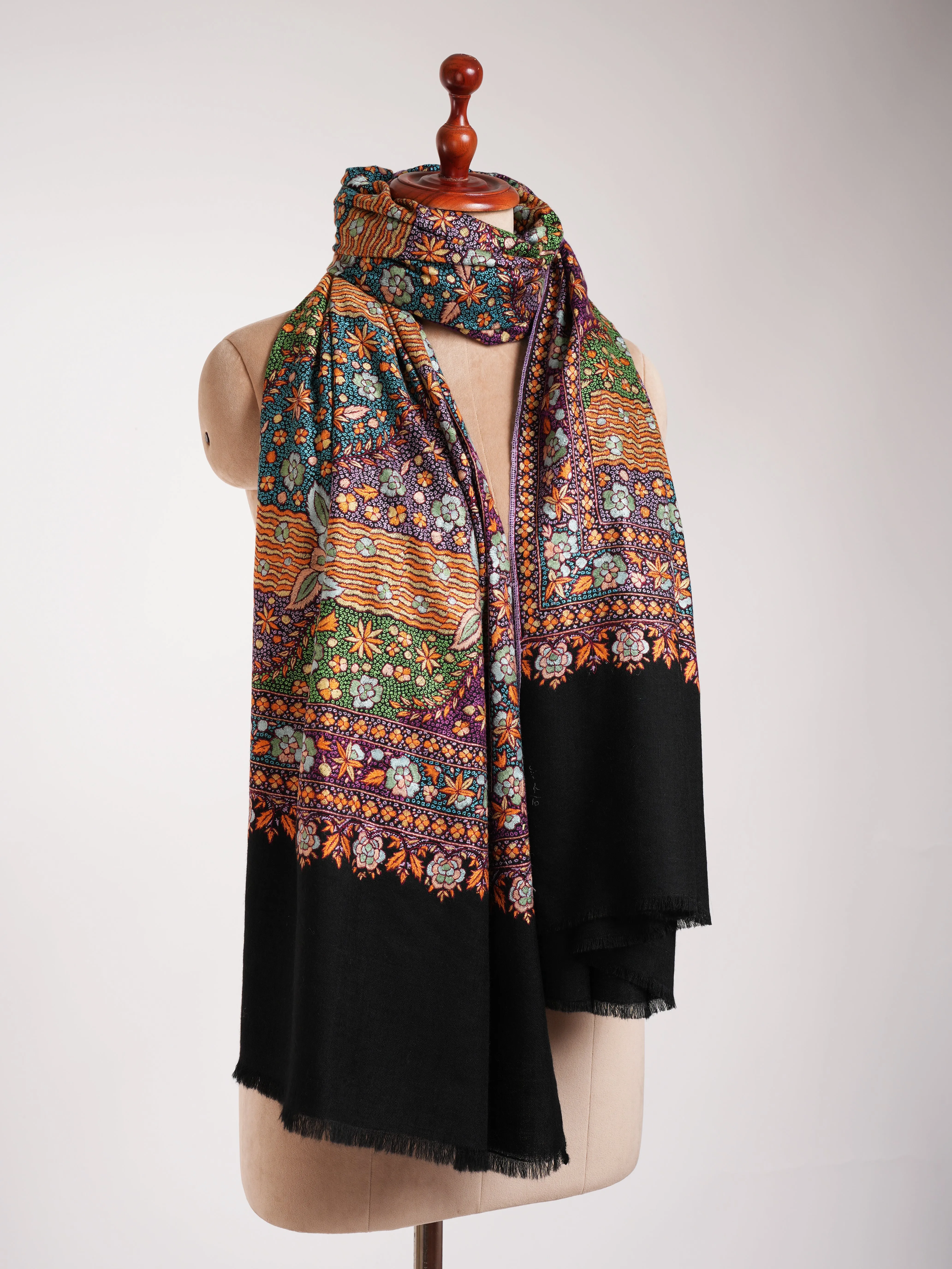 Black Hand Embroidered Festival Pashmina Jamavar Shawl