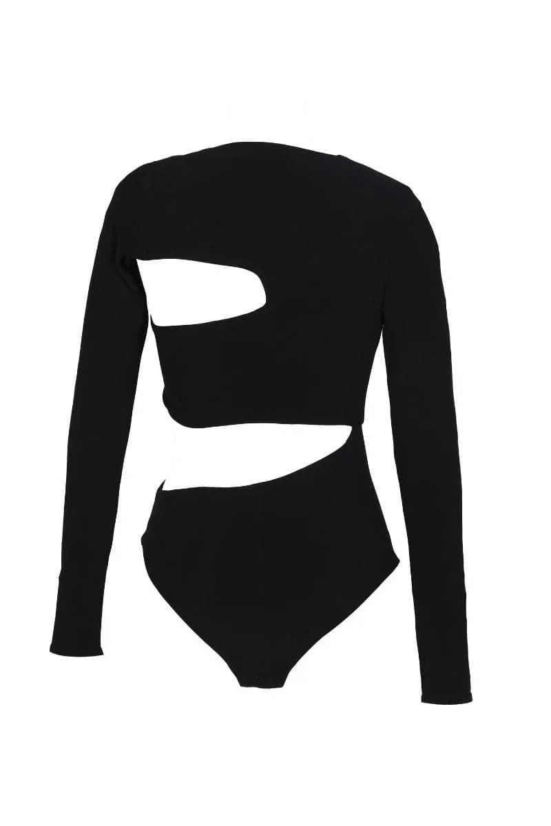 BLACK RASHA ASYMMETRIC CUT-OUT BODYSUIT