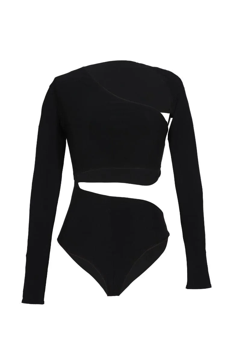 BLACK RASHA ASYMMETRIC CUT-OUT BODYSUIT