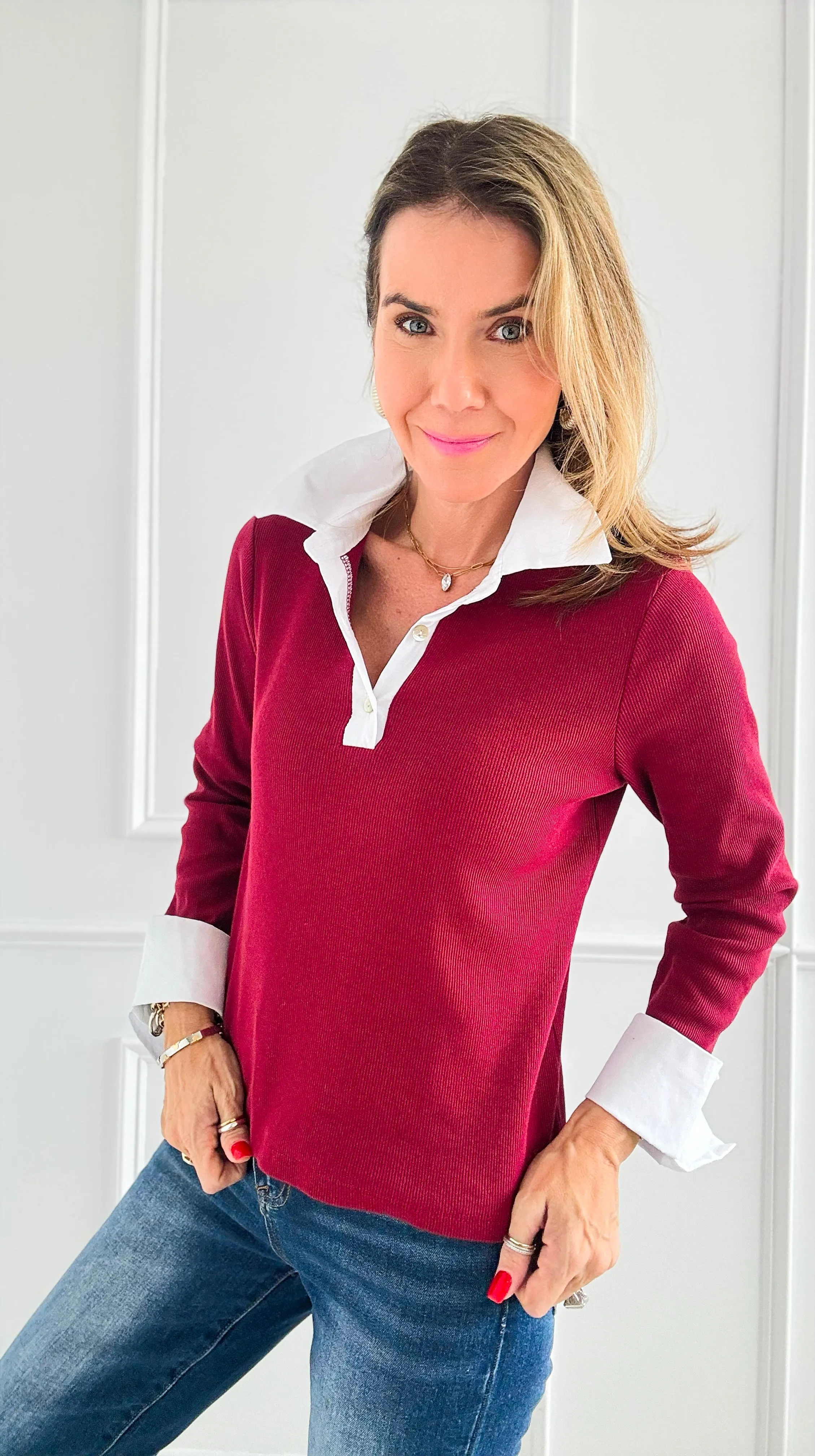 Contrast Trims Italian Top- Burgundy