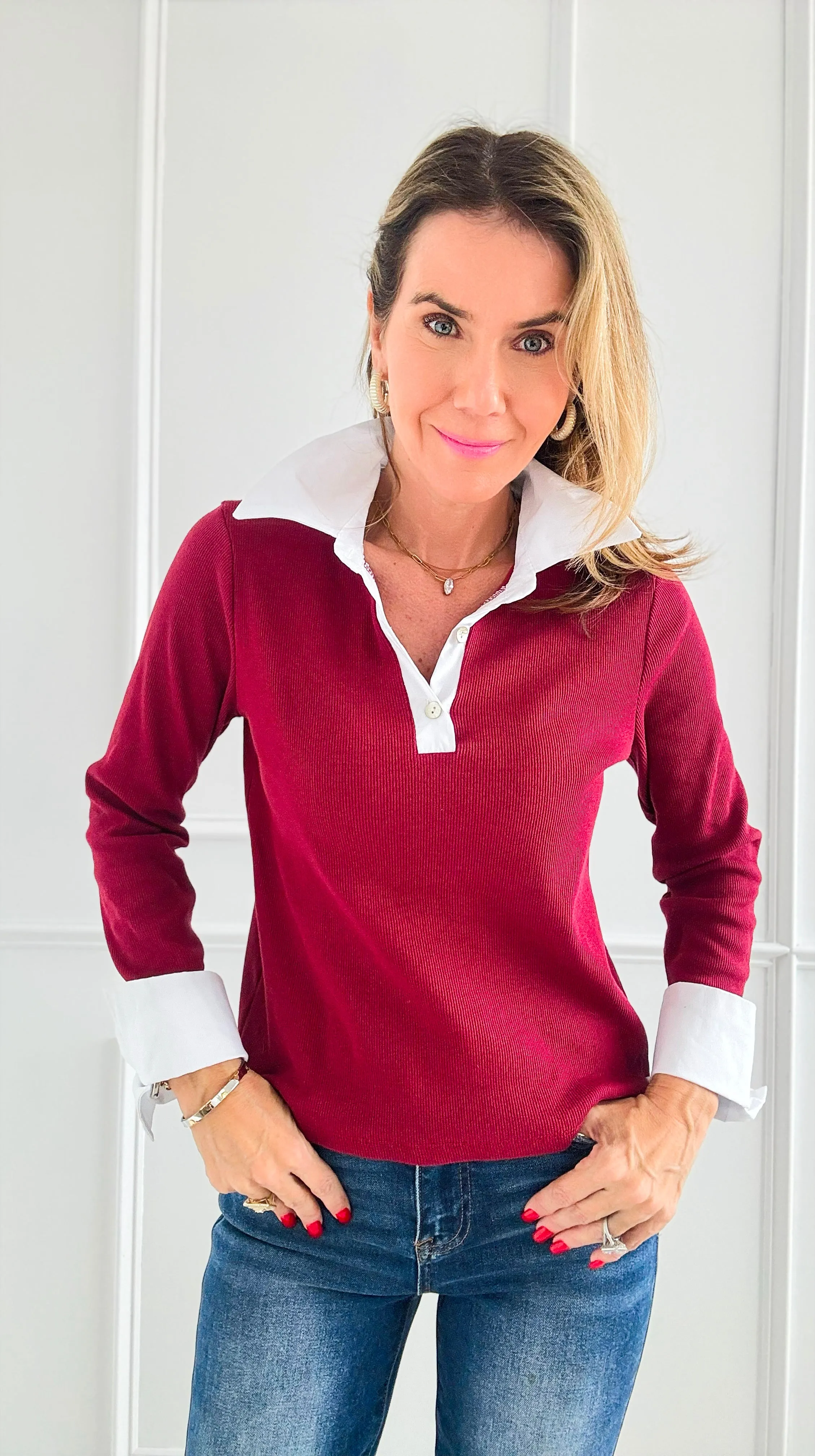 Contrast Trims Italian Top- Burgundy