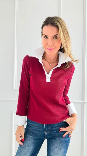 Contrast Trims Italian Top- Burgundy