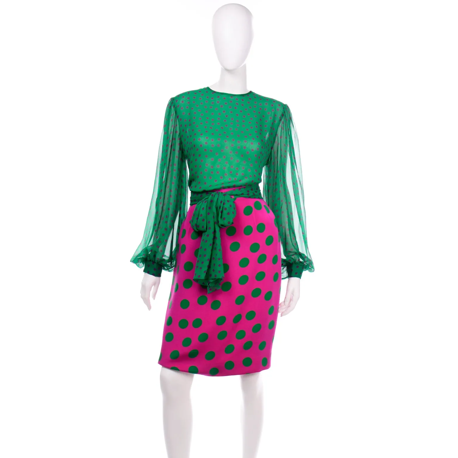 David Hayes Pink & Green Polka Dot Silk Skirt Blouse Scarf & Jacket Suit