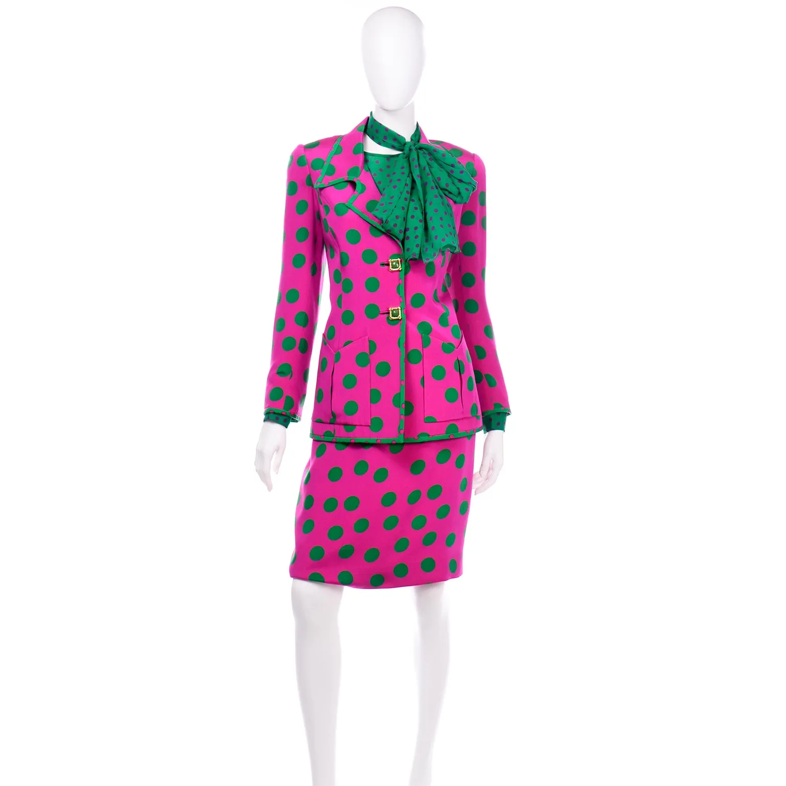 David Hayes Pink & Green Polka Dot Silk Skirt Blouse Scarf & Jacket Suit