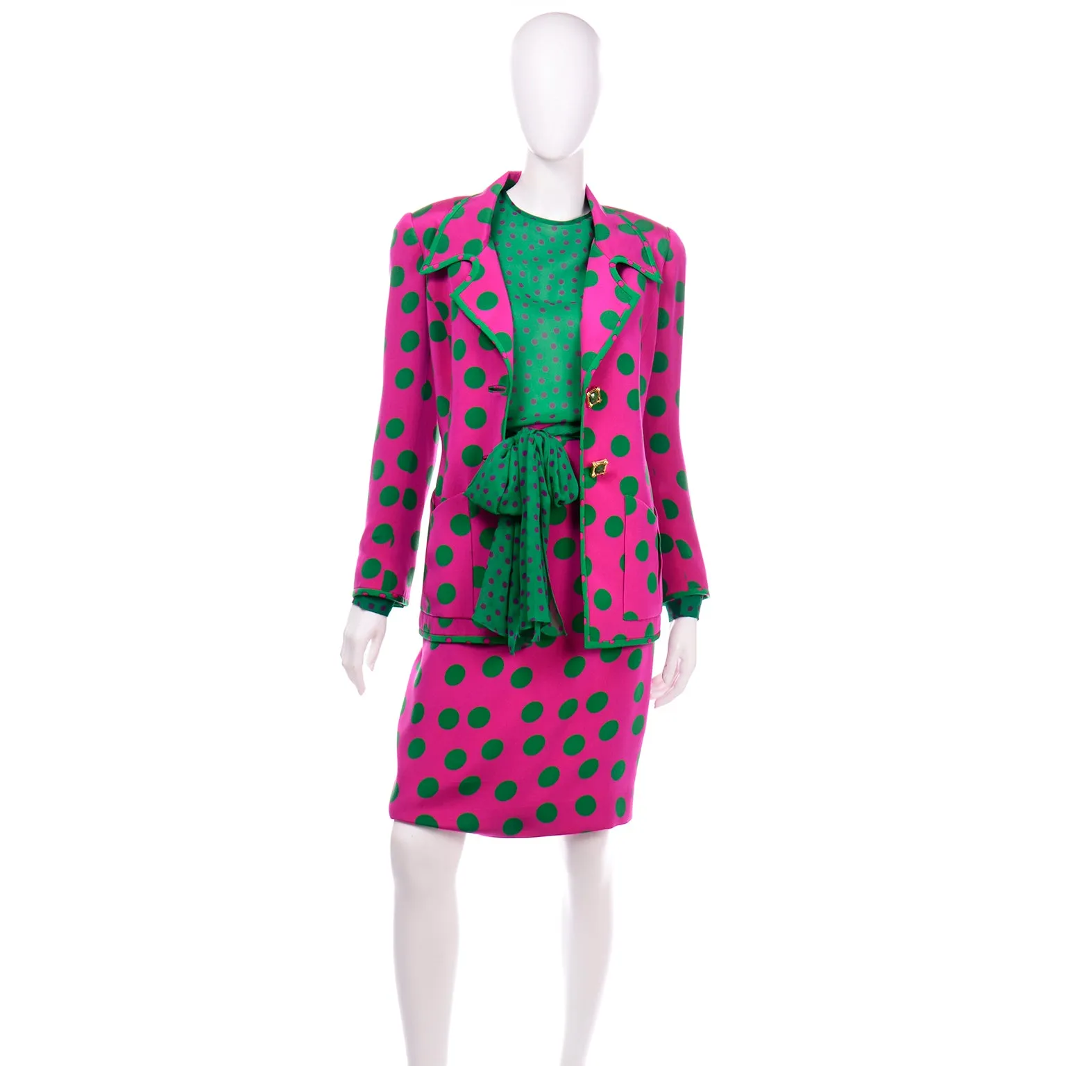 David Hayes Pink & Green Polka Dot Silk Skirt Blouse Scarf & Jacket Suit