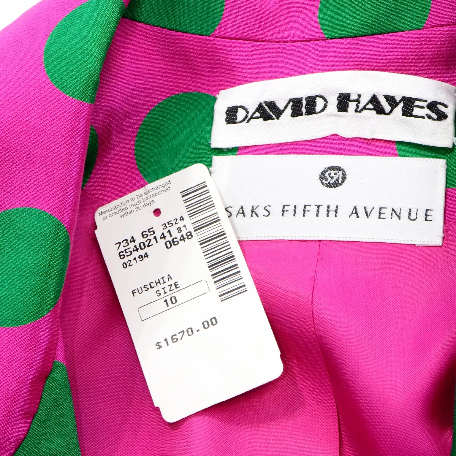 David Hayes Pink & Green Polka Dot Silk Skirt Blouse Scarf & Jacket Suit