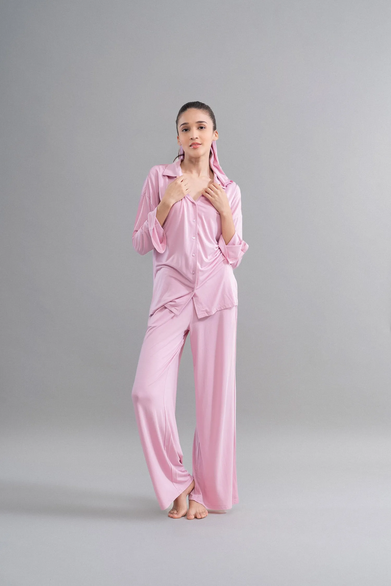 Deep Pink Modal Button Down Shirt With Slit