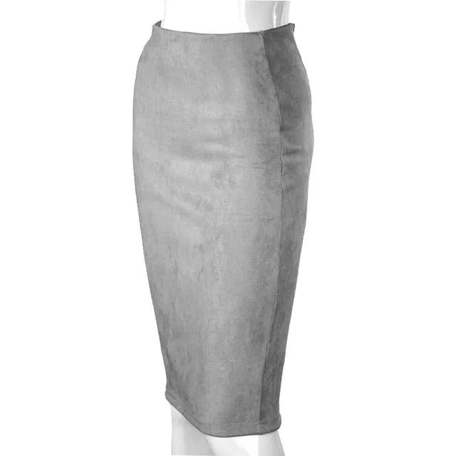Elegant Women Skirts  Spring Fashion Faux Suede Female High Waist Thicken Stretchy Pencil Skirts Bodycon Knee Length Skirts