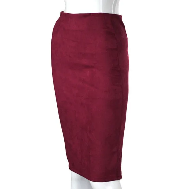 Elegant Women Skirts  Spring Fashion Faux Suede Female High Waist Thicken Stretchy Pencil Skirts Bodycon Knee Length Skirts