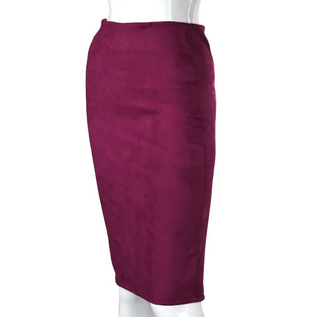 Elegant Women Skirts  Spring Fashion Faux Suede Female High Waist Thicken Stretchy Pencil Skirts Bodycon Knee Length Skirts