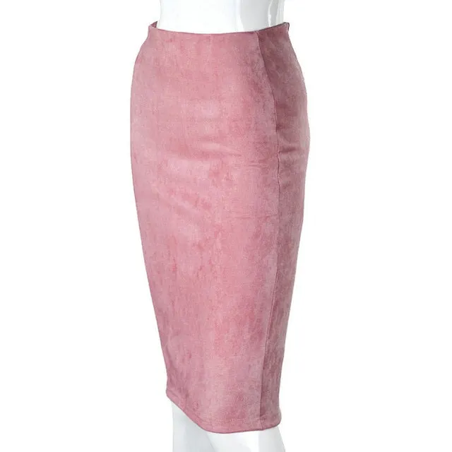Elegant Women Skirts  Spring Fashion Faux Suede Female High Waist Thicken Stretchy Pencil Skirts Bodycon Knee Length Skirts
