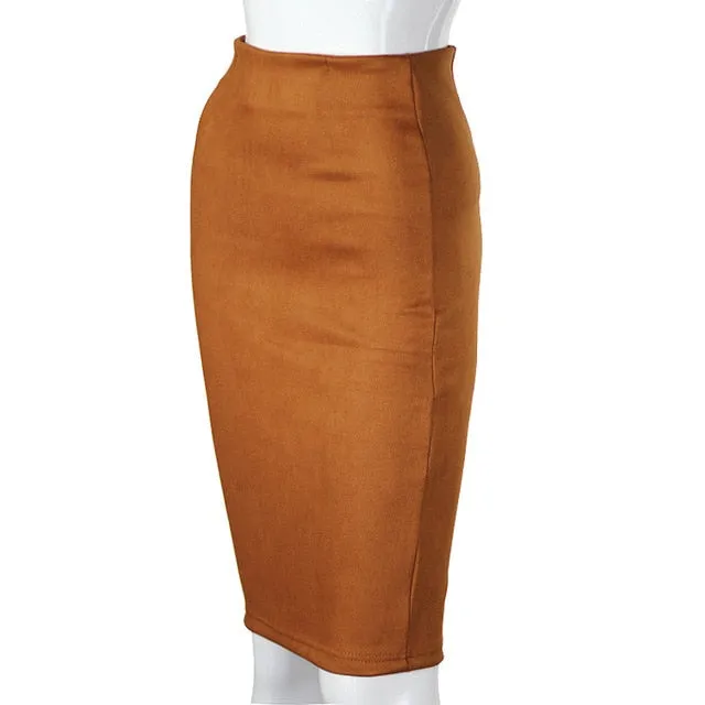Elegant Women Skirts  Spring Fashion Faux Suede Female High Waist Thicken Stretchy Pencil Skirts Bodycon Knee Length Skirts