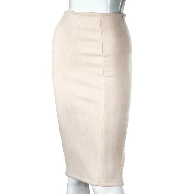 Elegant Women Skirts  Spring Fashion Faux Suede Female High Waist Thicken Stretchy Pencil Skirts Bodycon Knee Length Skirts