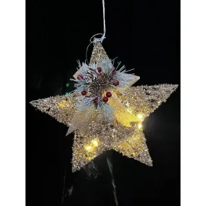 Festive Gold Glitter LED Star With Bow
