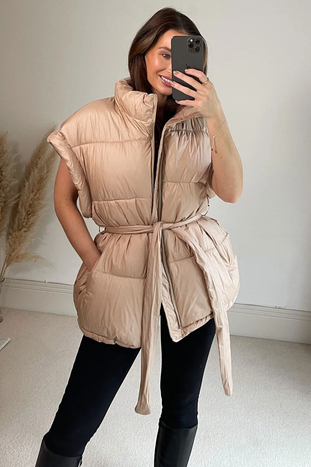 Flossie Beige Belted Longline Puffer Gilet
