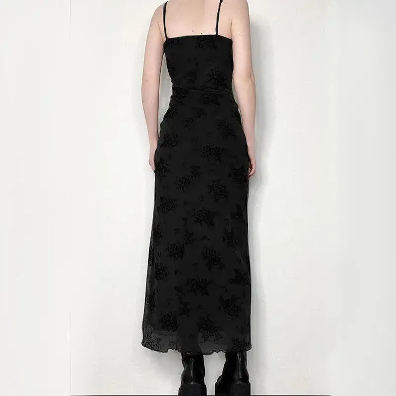 Gothic Black Summer Dress Women Streetwear Lolita Floral Print Sleeveless Mesh Patchwork Sexy Dress Party Club Elegant Dresses
