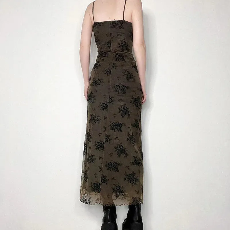 Gothic Black Summer Dress Women Streetwear Lolita Floral Print Sleeveless Mesh Patchwork Sexy Dress Party Club Elegant Dresses
