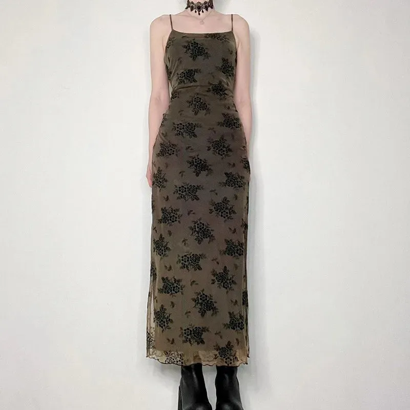 Gothic Black Summer Dress Women Streetwear Lolita Floral Print Sleeveless Mesh Patchwork Sexy Dress Party Club Elegant Dresses