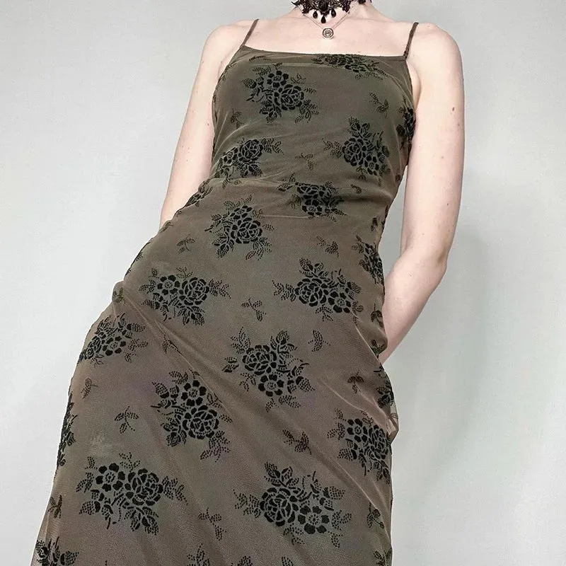 Gothic Black Summer Dress Women Streetwear Lolita Floral Print Sleeveless Mesh Patchwork Sexy Dress Party Club Elegant Dresses