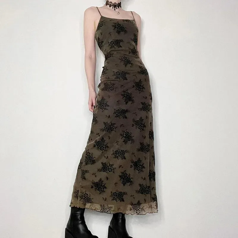 Gothic Black Summer Dress Women Streetwear Lolita Floral Print Sleeveless Mesh Patchwork Sexy Dress Party Club Elegant Dresses