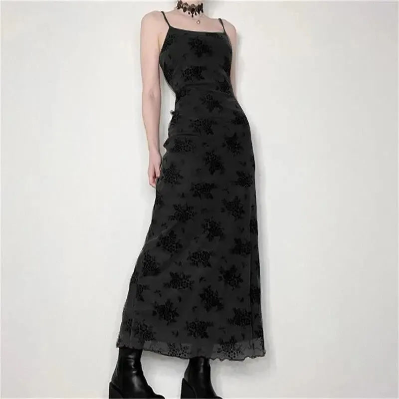 Gothic Black Summer Dress Women Streetwear Lolita Floral Print Sleeveless Mesh Patchwork Sexy Dress Party Club Elegant Dresses