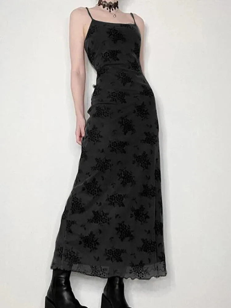 Gothic Black Summer Dress Women Streetwear Lolita Floral Print Sleeveless Mesh Patchwork Sexy Dress Party Club Elegant Dresses