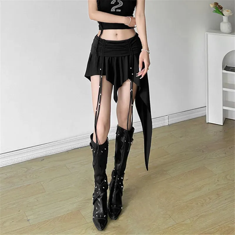 Gothic Dropped Waist Mini Skirt - Punk Grunge Irregular Hem A-line Techwear