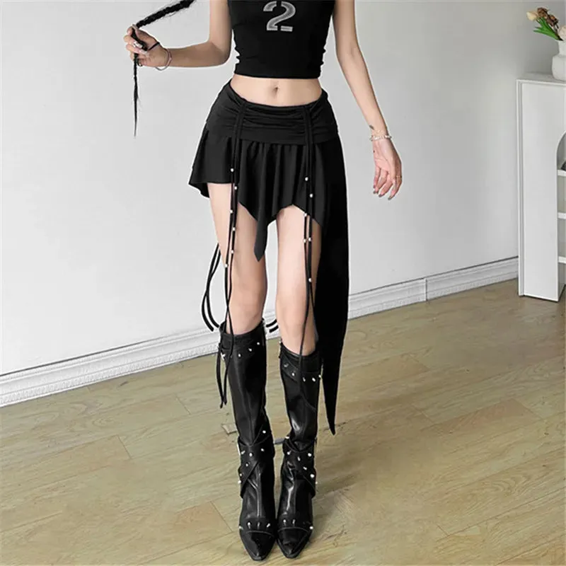 Gothic Dropped Waist Mini Skirt - Punk Grunge Irregular Hem A-line Techwear