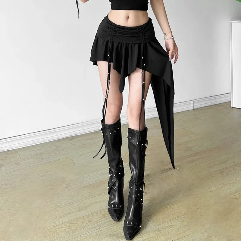 Gothic Dropped Waist Mini Skirt - Punk Grunge Irregular Hem A-line Techwear
