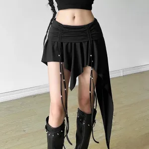 Gothic Dropped Waist Mini Skirt - Punk Grunge Irregular Hem A-line Techwear