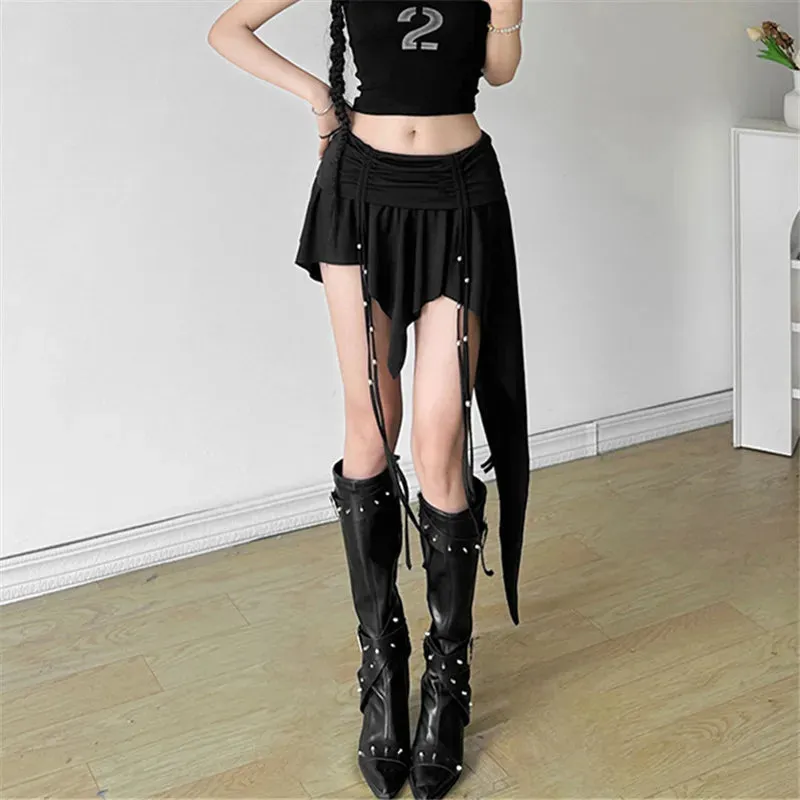 Gothic Dropped Waist Mini Skirt - Punk Grunge Irregular Hem A-line Techwear