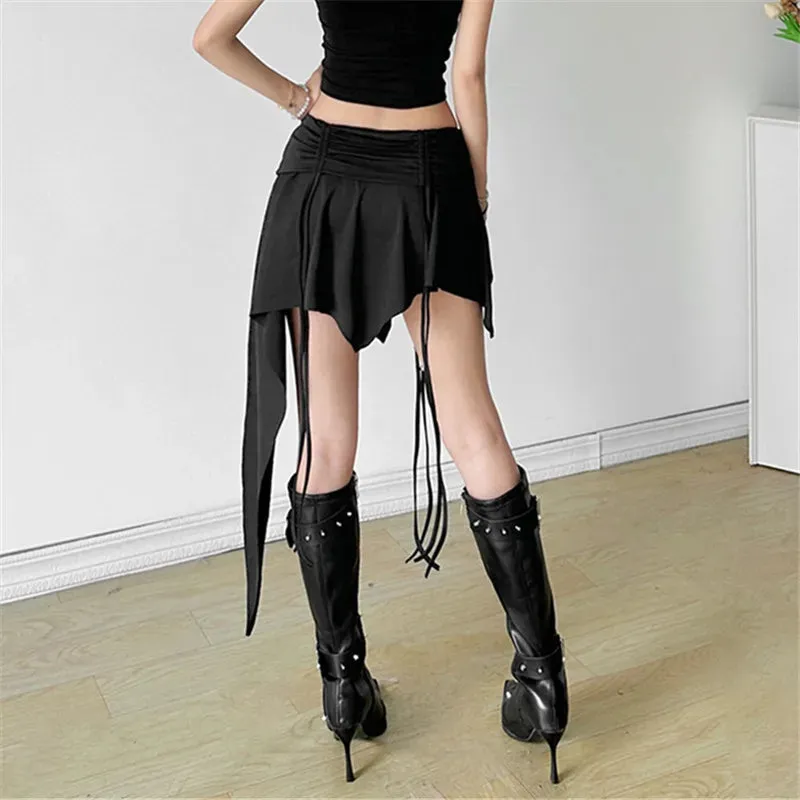 Gothic Dropped Waist Mini Skirt - Punk Grunge Irregular Hem A-line Techwear