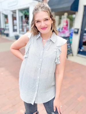 Grey Stripe Ruffle Button Down Tank