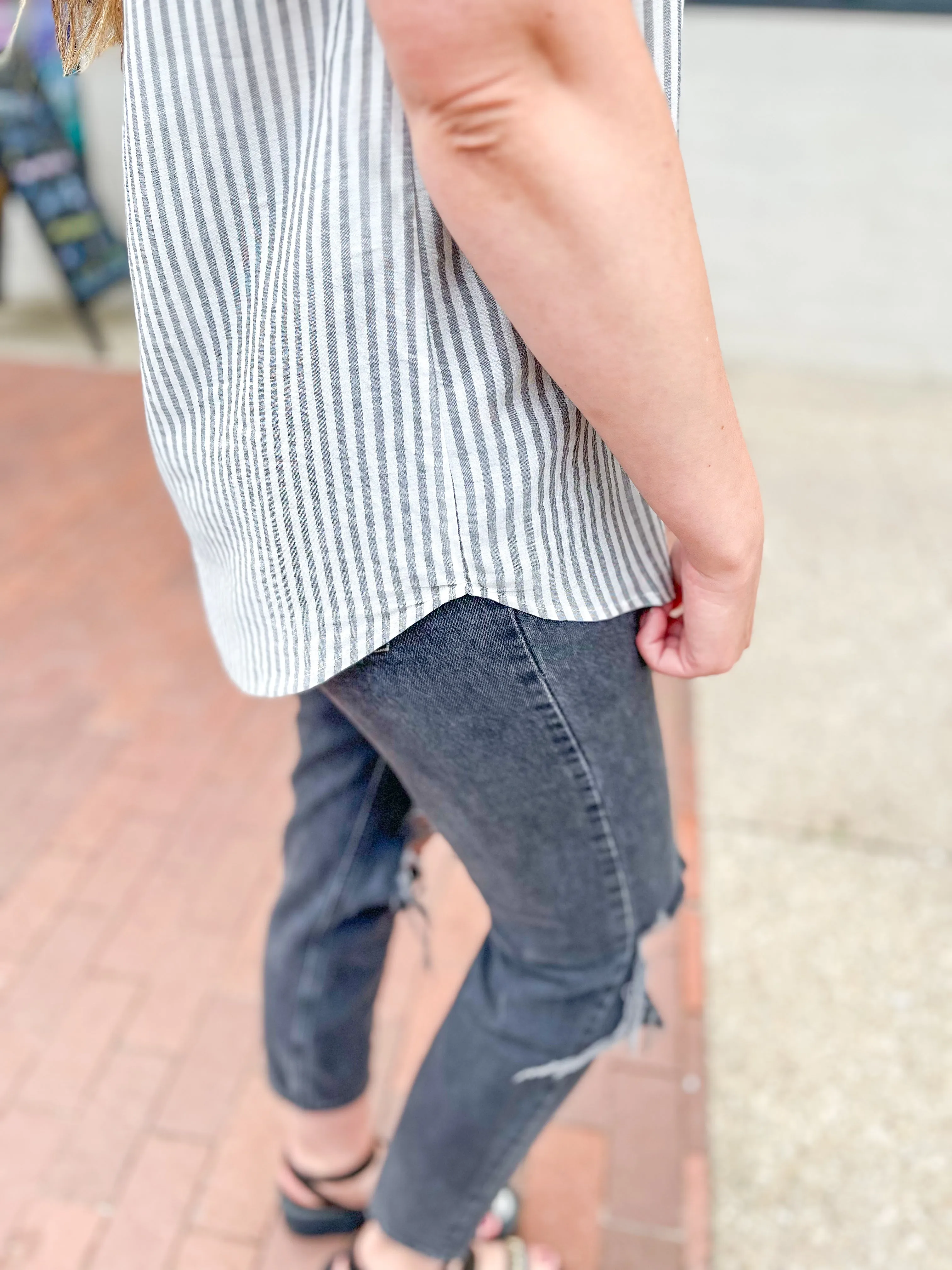 Grey Stripe Ruffle Button Down Tank