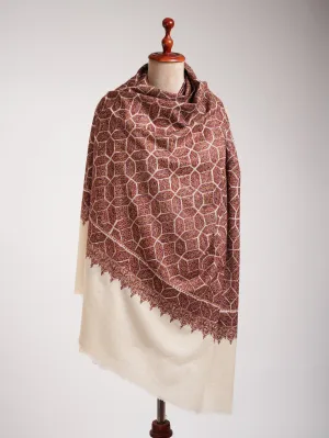 Ivory Khatam Band Embroidered Motif Timeless Pashmina Jamavar Shawl