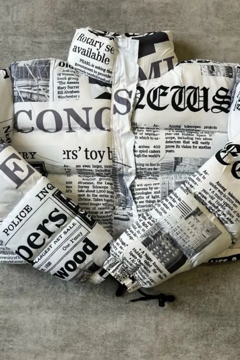 Kennedy White Newspaper Print Cropped Puffer Jacket