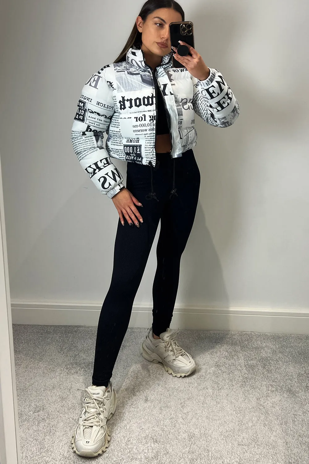 Kennedy White Newspaper Print Cropped Puffer Jacket