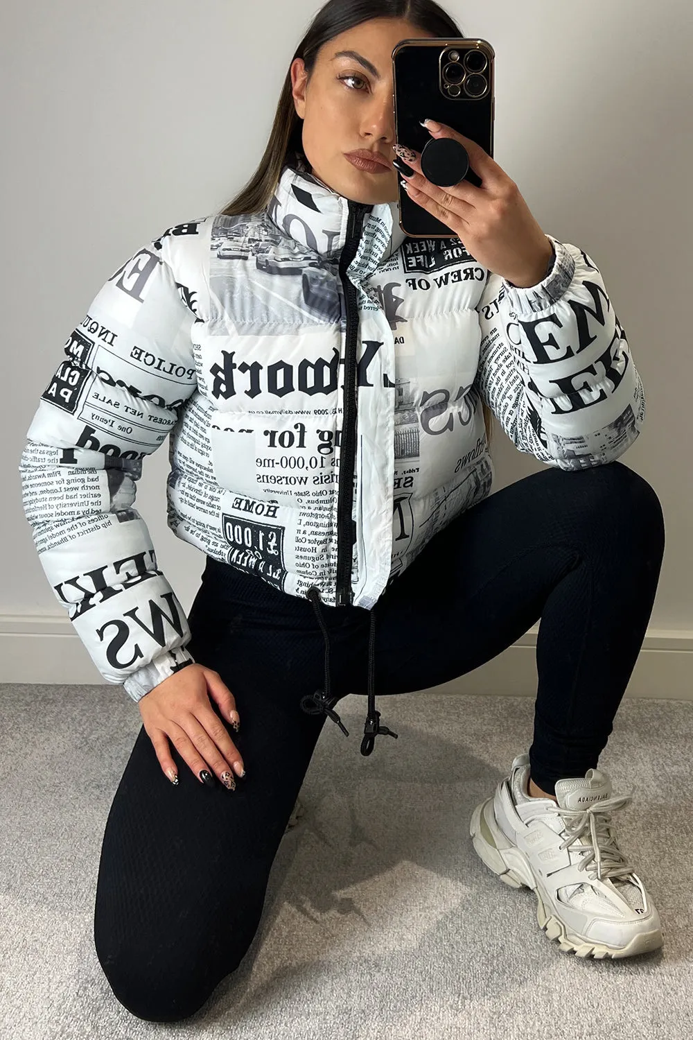 Kennedy White Newspaper Print Cropped Puffer Jacket