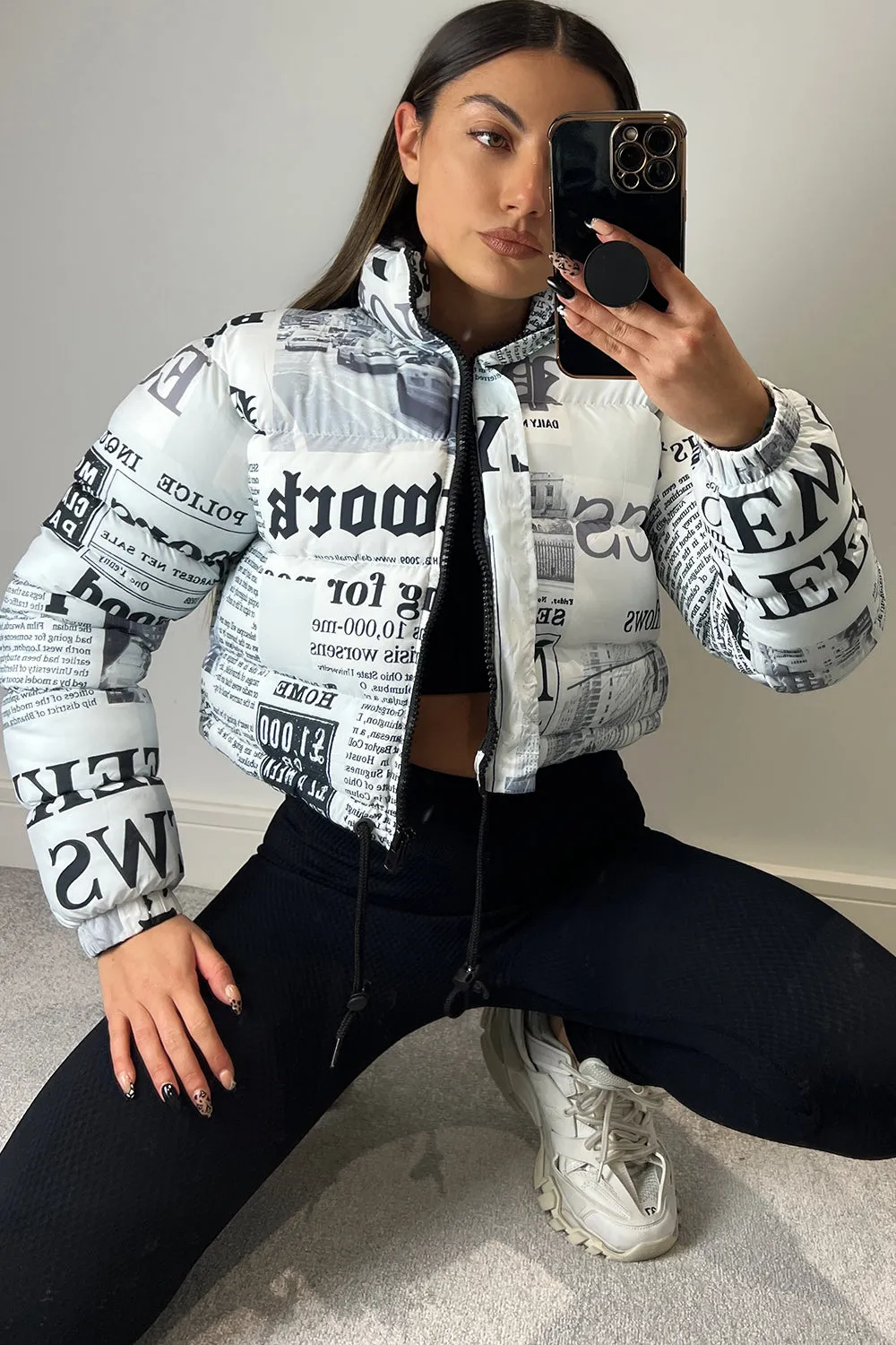 Kennedy White Newspaper Print Cropped Puffer Jacket