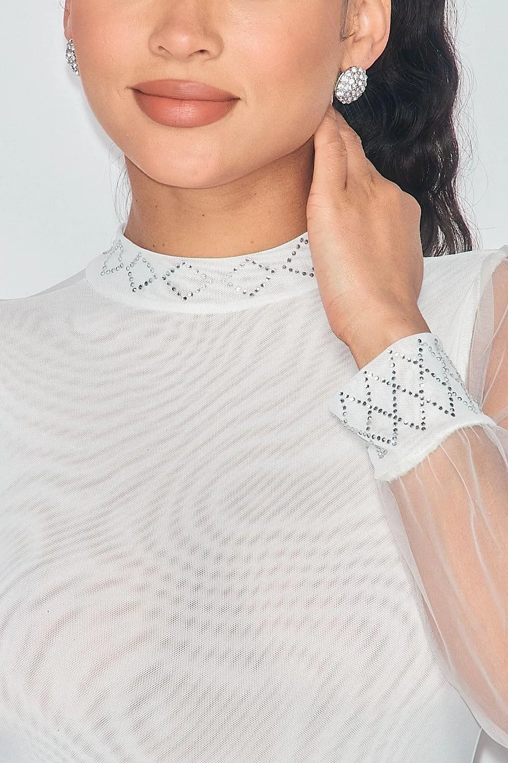 Off White Rhinestones Mesh Bodysuit