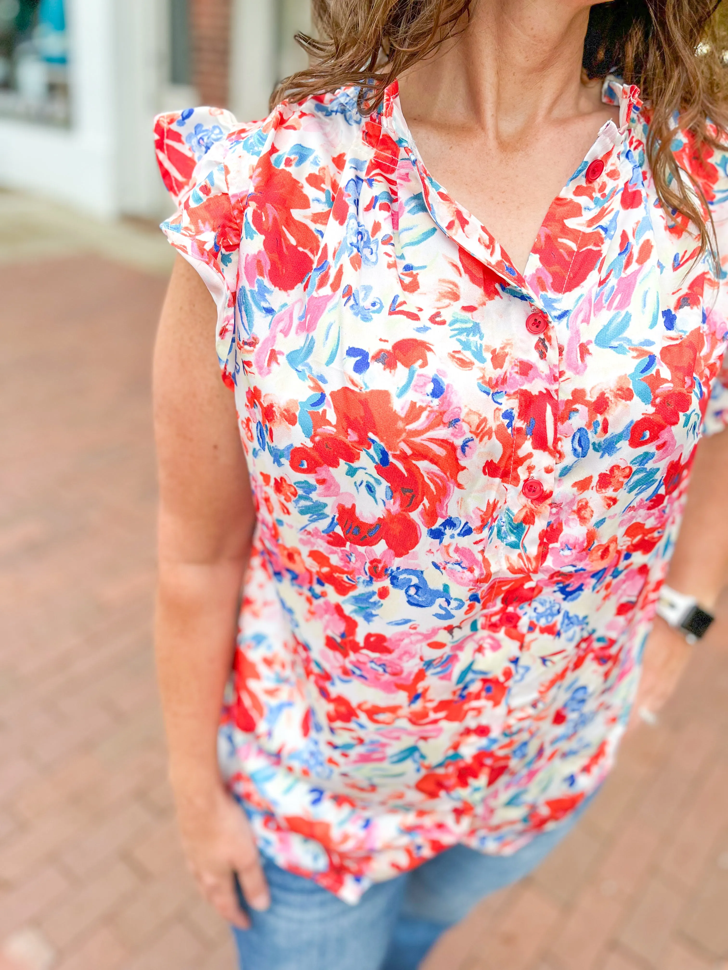 Orange Watercolor Floral Button Down Top