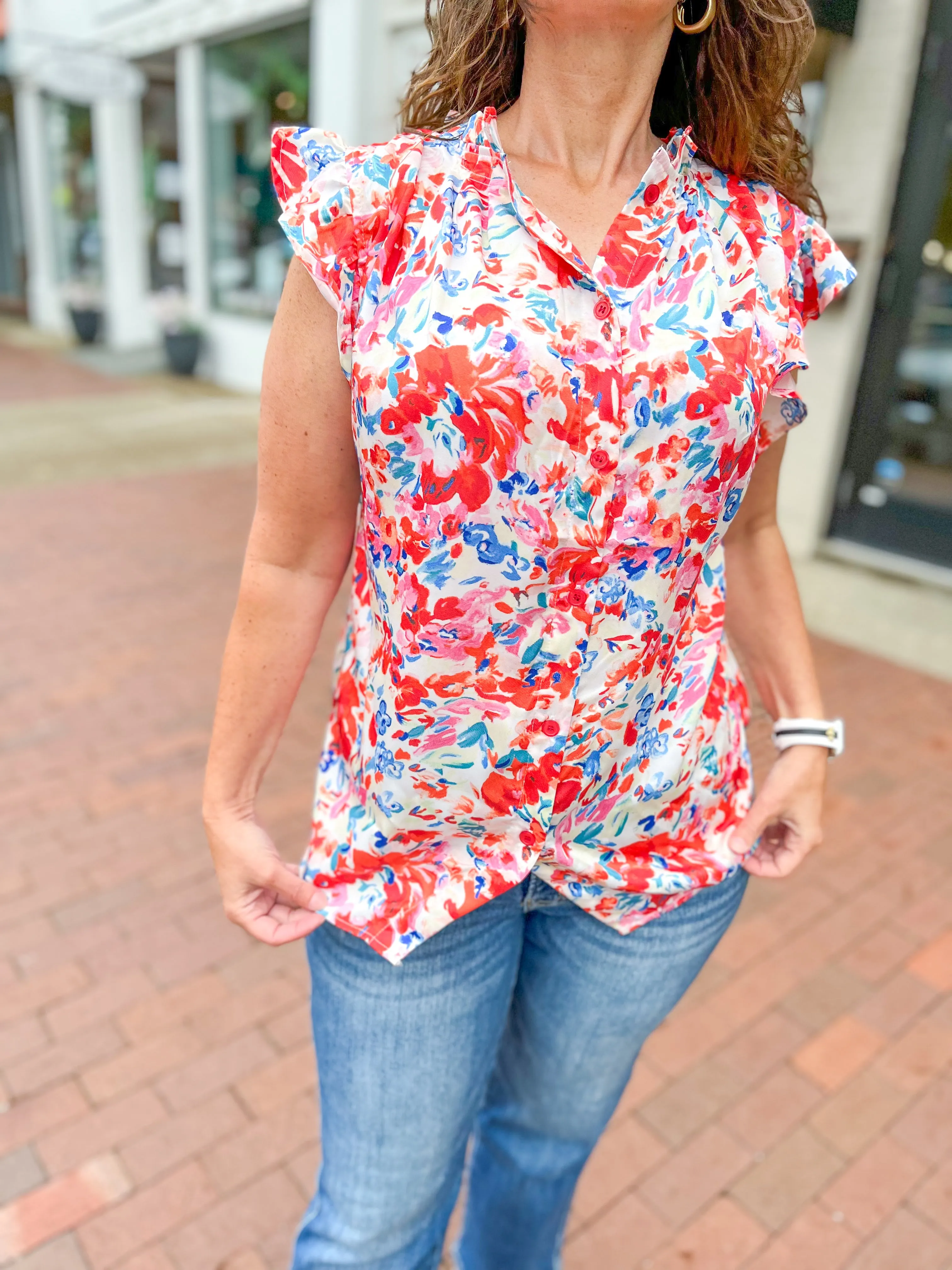 Orange Watercolor Floral Button Down Top