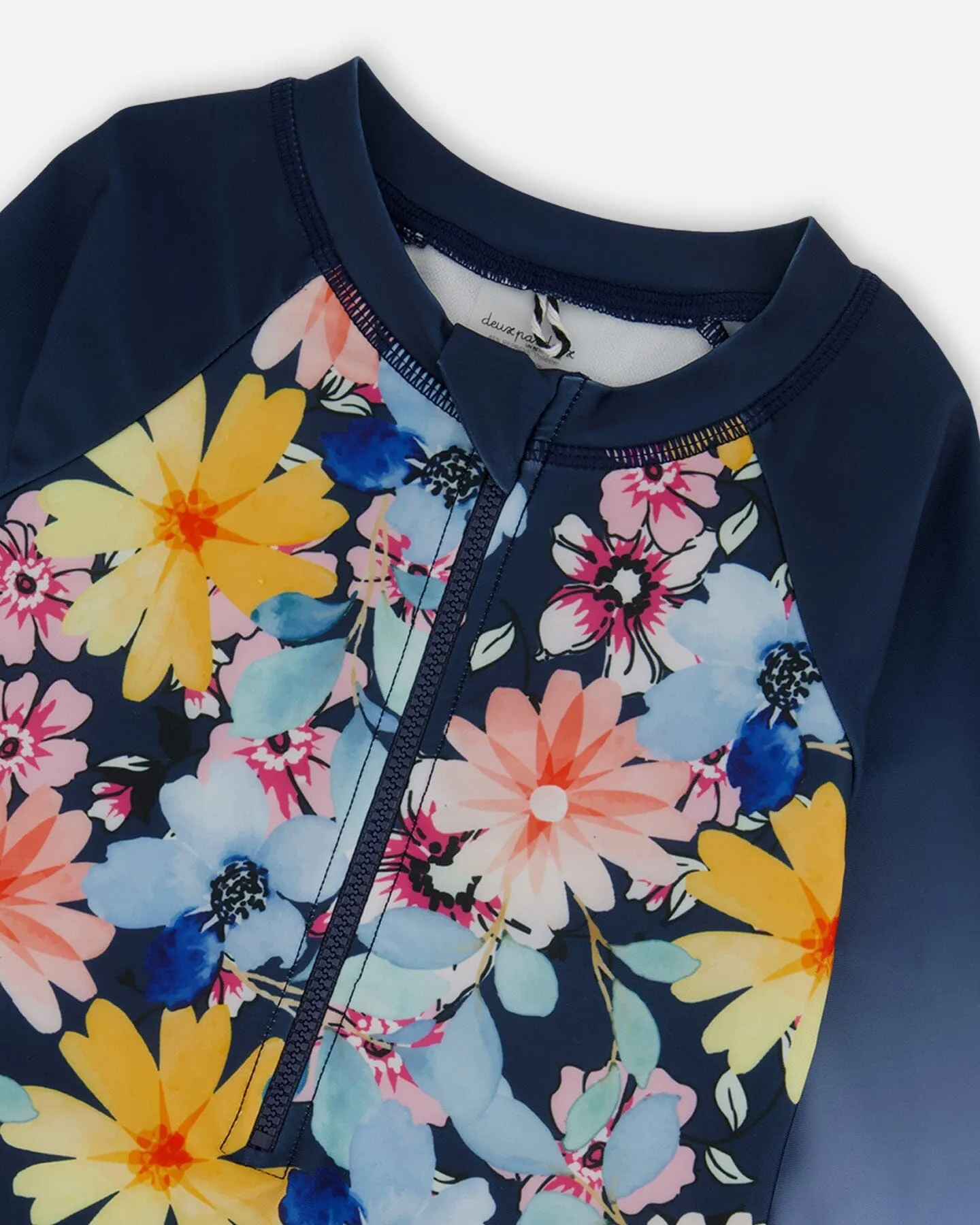 Printed Long Sleeve Rashguard Navy And Yellow And Pink Flowers