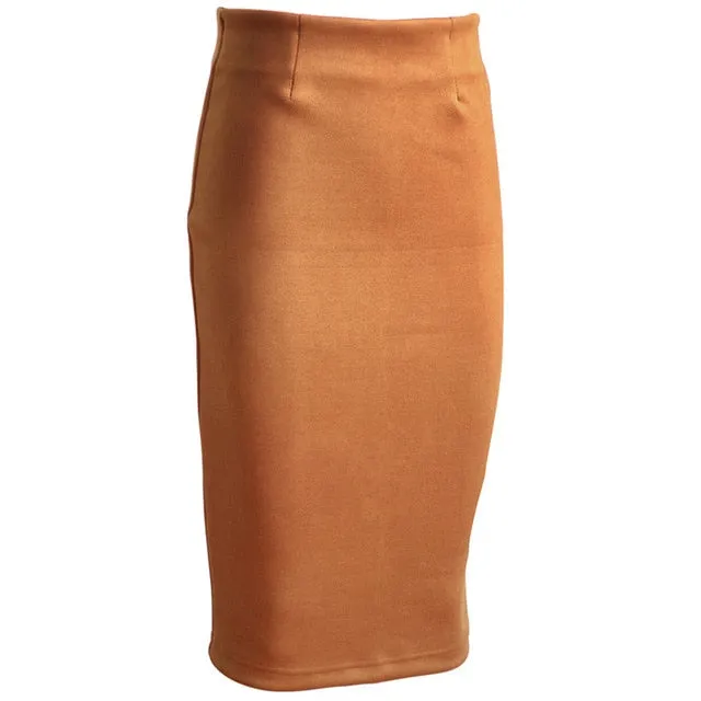 Sainishi Super Deals Women Suede Solid Color Pencil Skirt Female Spring Autumn Basic High Waist Bodycon Split Knee Length Skirts