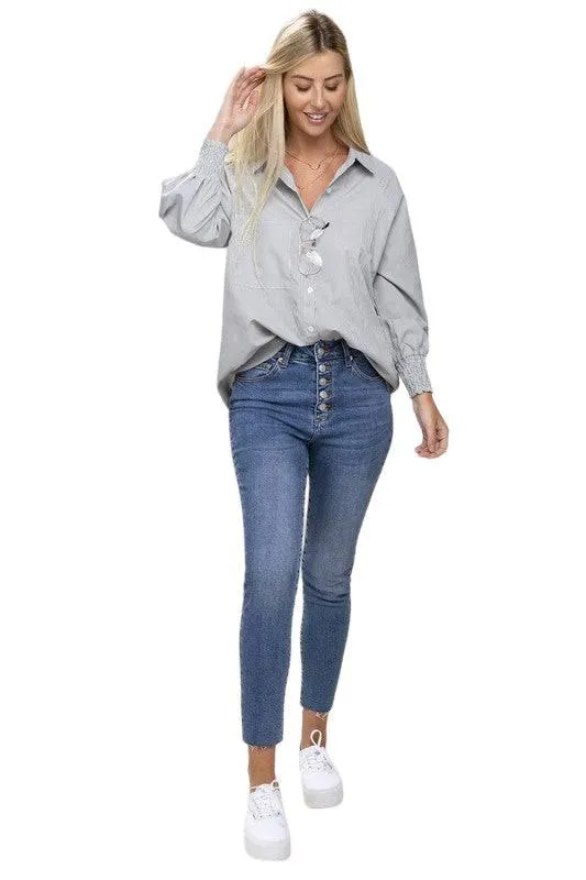 Striped raglan sleeve button-down shirt