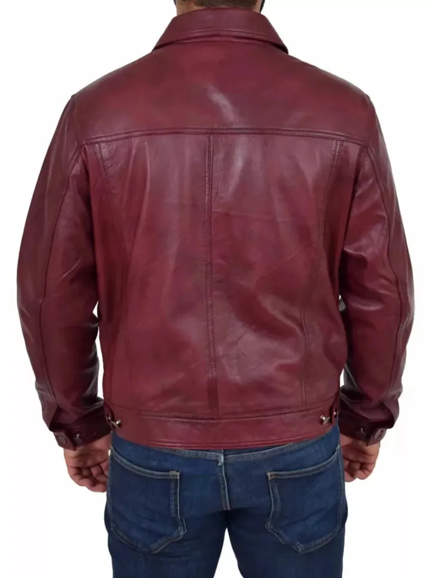 Trucker Leather Jacket Mens | Maroon