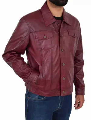 Trucker Leather Jacket Mens | Maroon
