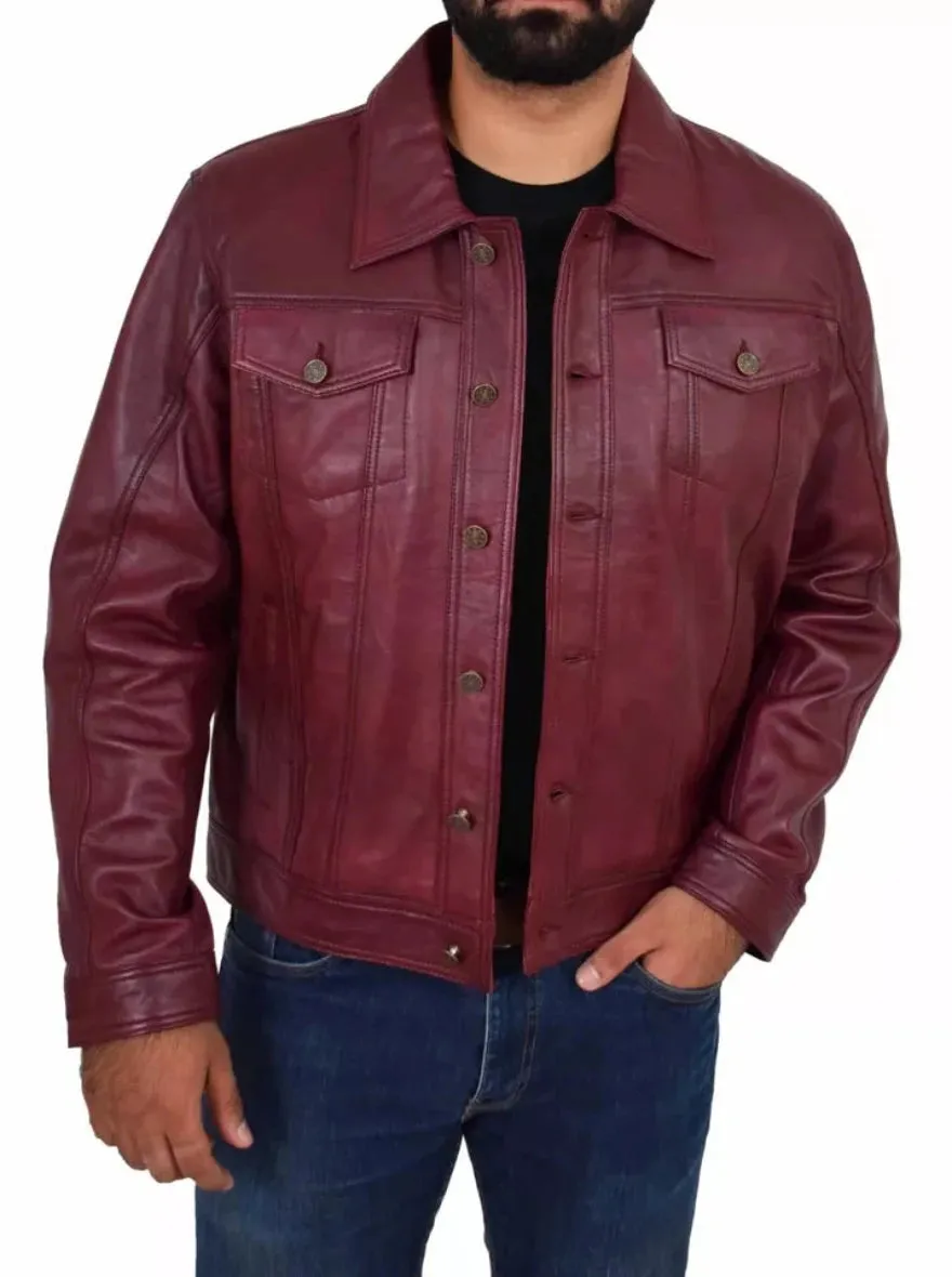 Trucker Leather Jacket Mens | Maroon